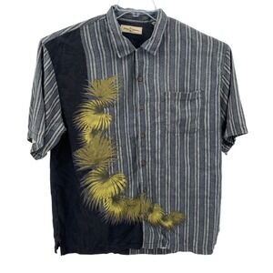 Tommy Bahama Silk Shirt Men's XL Gray Striped Palm Print Camp Button Up